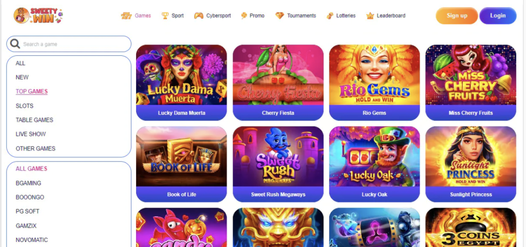 Image of Sweety Win Casino game variety on their website